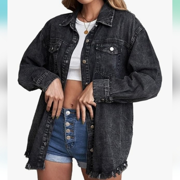 Ripped Hem Denim Button Front Long Sleeve Jacket Shacket - Picture 5 of 13